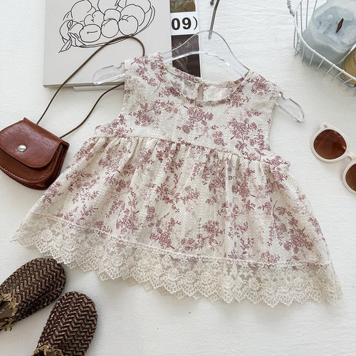 Floral Print Two-Piece Set for Girls, Sleeveless Lace Trim Top  Wide Leg Pants, Vintage Casual Outfit